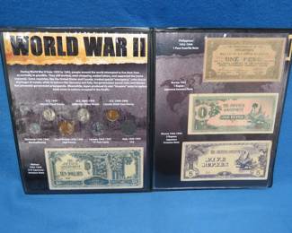 Lot 177. Coins, currency and stamps of WWII in a 4-page folder