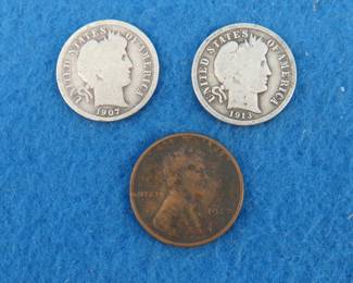 Lot 93. Barber Dimes 1907 P and 1913 P. 1927 S Lincoln Penny