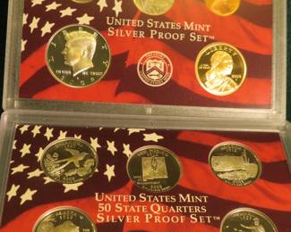 Lot 46. 2008 US Mint Silver Proof Set and Proofs of Four Presidential $1 brass-clad coins