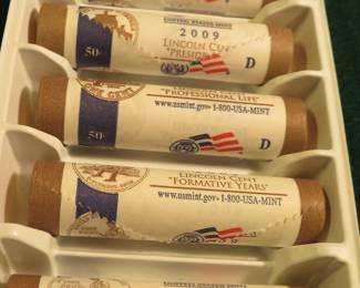 Lot 57. Five bank-rolled rolls of 50 Uncirculated Lincoln Bicentennial Series pennies.