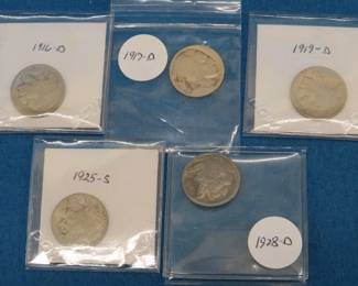 Lot 197. Five Buffalo Nickels: 1916D, 1917D,1919D, 1935S and 1928D. Dates are hard to read.