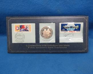 Lot 173. 1975 Sterling Silver Medal and Stamps of the Commemoration of the Apollo-Soyuz Space Mission