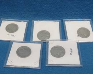 Lot 196. Five Buffalo Nickels: 1915D, 1916D,1917D, 1919D and 1919S. Dates are hard to read.