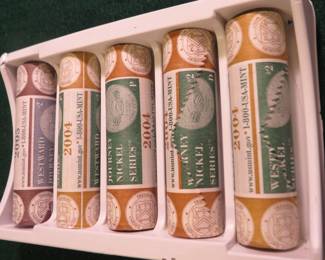 Lot 55. Five bank-rolled uncirculated $2 rolls of Jefferson Westward Journey Nickels.