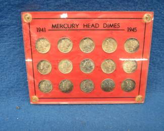 Lot 64. 15 Mercury Dimes 1941 through 1945