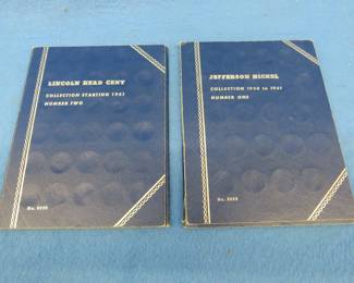 Lot 66. 54 Jefferson Nickels 1939 through 1961 in a folder with 10 silver war nickels. 59 Lincoln pennies 1941 thorough 1962 in a folder including three zinc 1943 pennies.