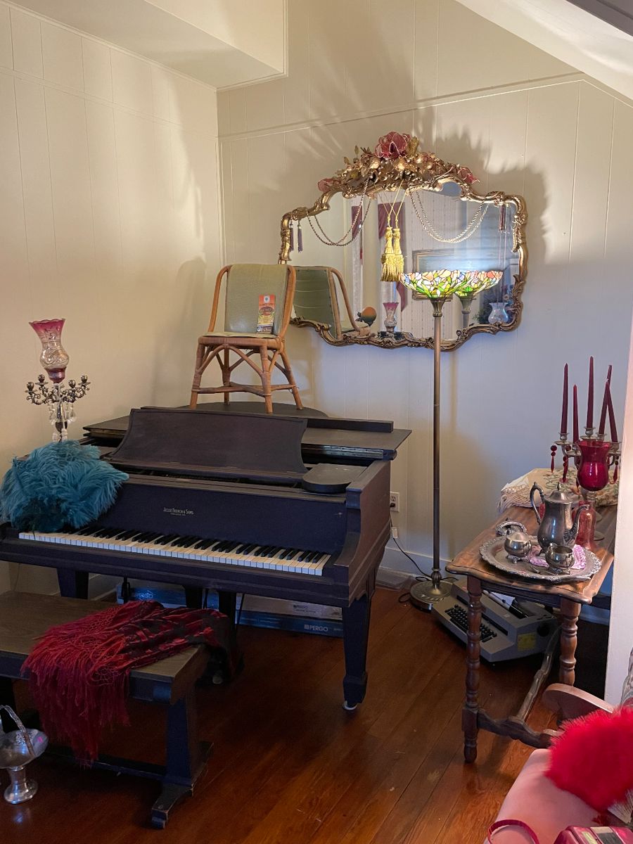 Baby Grand Piano, Balinese Room Chair, Large Mirror