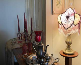 Antique Pedestal, Ornate Lamp Shade, Silver plate tea set