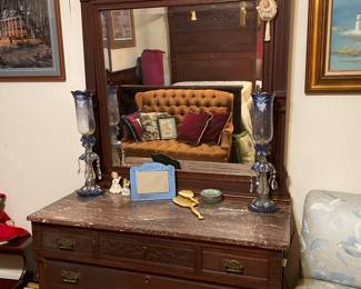 Antique Victorian Marble Top Dresser, beautiful matching lamps
