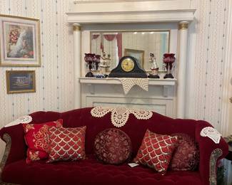 Burgundy velvet sofa, love seat and footstool 