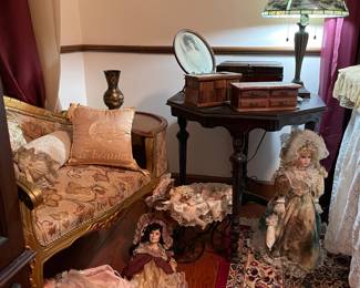 Vintage telephone Bench, rug, Dolls, Table, boxes Etc