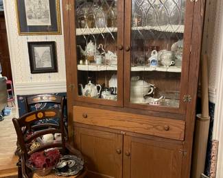 Antique Cupboard full of Glassware and Collectibles, two Antique Chairs 