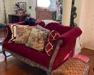 Velvet Love Seat, Wicker Chest 