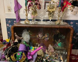 Lots of Mardi Gras Decor, dolls, masks, tinsel, wreaths, hats, beads, doubloons, etc. not sorted yet