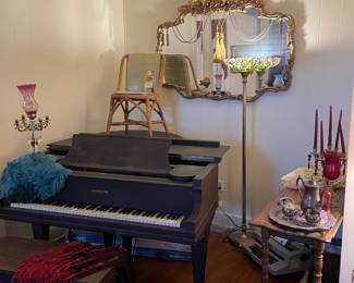 Baby Grand Piano, Balinese Room Chair, Large Mirror