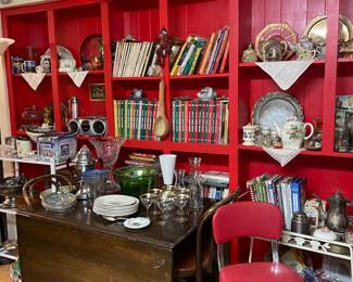 Drop leaf Table, Vintage Red kitchen stool, cookbooks, plate collector 