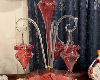 Stunning Cranberry Glass Epergne, as is