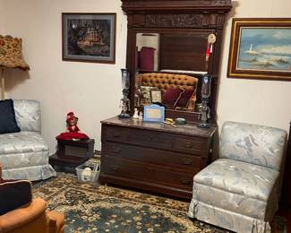 Matching Victorian Eastlake Marble top Dresser.  Pair blue / grey Chairs , blue Room Size Rug