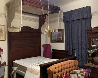 Antique Victorian Eastlake Half Tester Bed with nice mattress, Love Seat 