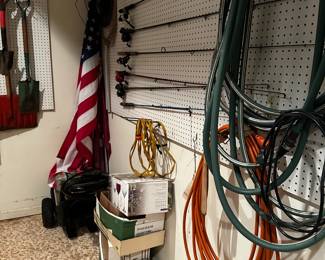 flag, fishing poles