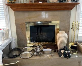 Antique mantle clock, fireplace equipment, silverplate.