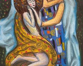 Klimt watercolor drawing on vintage paper and framed