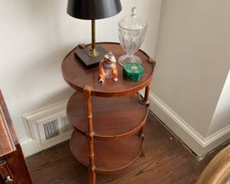 Oval 3 tier table. Walnut. 26hx 15.25 diameter