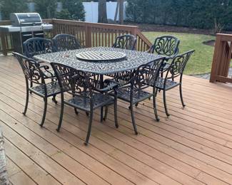 KB PATIO "ELIZABETH" 64" SQUARE TABLE WITH LAZY SUSAN AND 8 ARMCHAIRS!