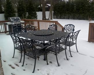 KB PATIO "ELIZABETH" 64" SQUARE TABLE WITH LAZY SUSAN AND 8 ARMCHAIRS!