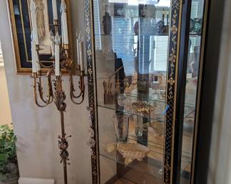 Asian inspired, lighted display case and candelabra