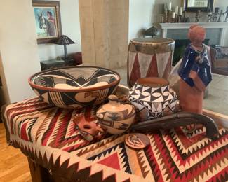 C. 1920 Cochiti painted drum, Verda Toledo bowl, Hopi jug