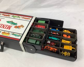 BIHY213 Vintage Lesney Die Cast Car Assortment A mixture of Lesney Die cast cars. Comes with a Miniature cars carry case by Mattel Inc. Has 2 pull out slides on the side of the case.
