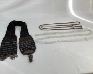 BIHY829 Antique Lariates And Miser Bag  Pair of 20's 30's glass bead jewelry. Includes two flapper tassel rope lariats and an antique crochet steel bead miser bag.
