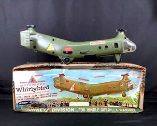 BIHY211 Vintage Motorized Whirlybird Helicopter Monkey Division &nbsp;1960's Remco Whirlybird helicopter Monkey division for jungle guerilla-warfare. Take 2 size D batteries but wasn't able to get it to work. I believe it is missing some pieces. Has only 4 blades, original box has damage. Has the original manual.&nbsp;
