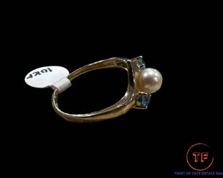 10K GOLD Pearl and Aquamarine Ring