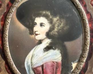 SET - Victorian MINIATURE Hand Painted Portrait on IVORY of Young Women in Ivory and Brass Frames with Tortoise Shell Inlay