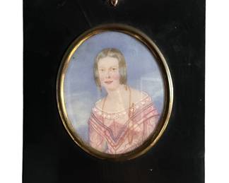 Victorian MINIATURE Hand Painted Portrait on IVORY of Woman in Pink Gown in Wood Frame