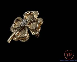 14K GOLD and Diamond Clover Brooch