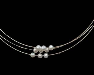 14K GOLD 3 Cable Necklace with Floating Pearls