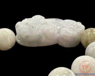White Jade Beaded Bracelet with Carved White Jade Foo Dog
