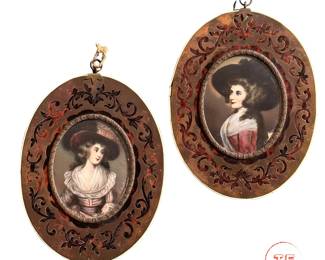 SET - Victorian MINIATURE Hand Painted Portrait on IVORY of Young Women in Ivory and Brass Frames with Tortoise Shell Inlay