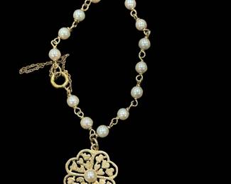 14K GOLD and Pearl Pendant with Gold Filled Bracelet