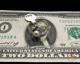 10K GOLD Pearl and Aquamarine Ring