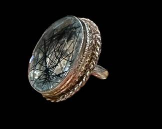 Sterling SILVER Ring with LARGE Rutilated Quartz Stone