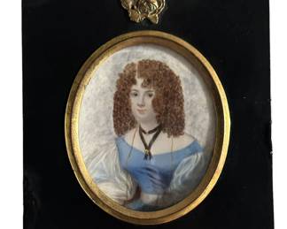 Victorian MINIATURE Hand Painted Portrait on IVORY of Young Woman in Ebonized Wood Frame