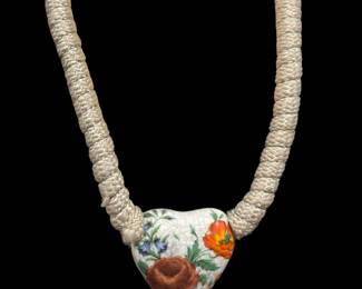 LES BERNARD Woven Rope Necklace with Floral Painted Ceramic Heart