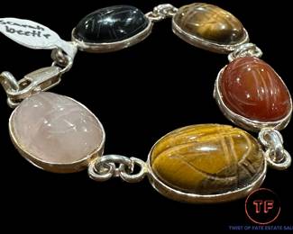 Sterling SILVER Scarab Bettle Carved Multi Stone Bracelet
