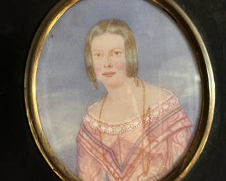 Victorian MINIATURE Hand Painted Portrait on IVORY of Woman in Pink Gown in Wood Frame