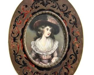 SET - Victorian MINIATURE Hand Painted Portrait on IVORY of Young Women in Ivory and Brass Frames with Tortoise Shell Inlay