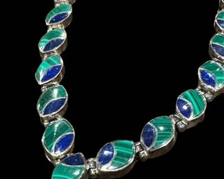 Sterling SILVER, Lapis, and Malachite Hinged Necklace
